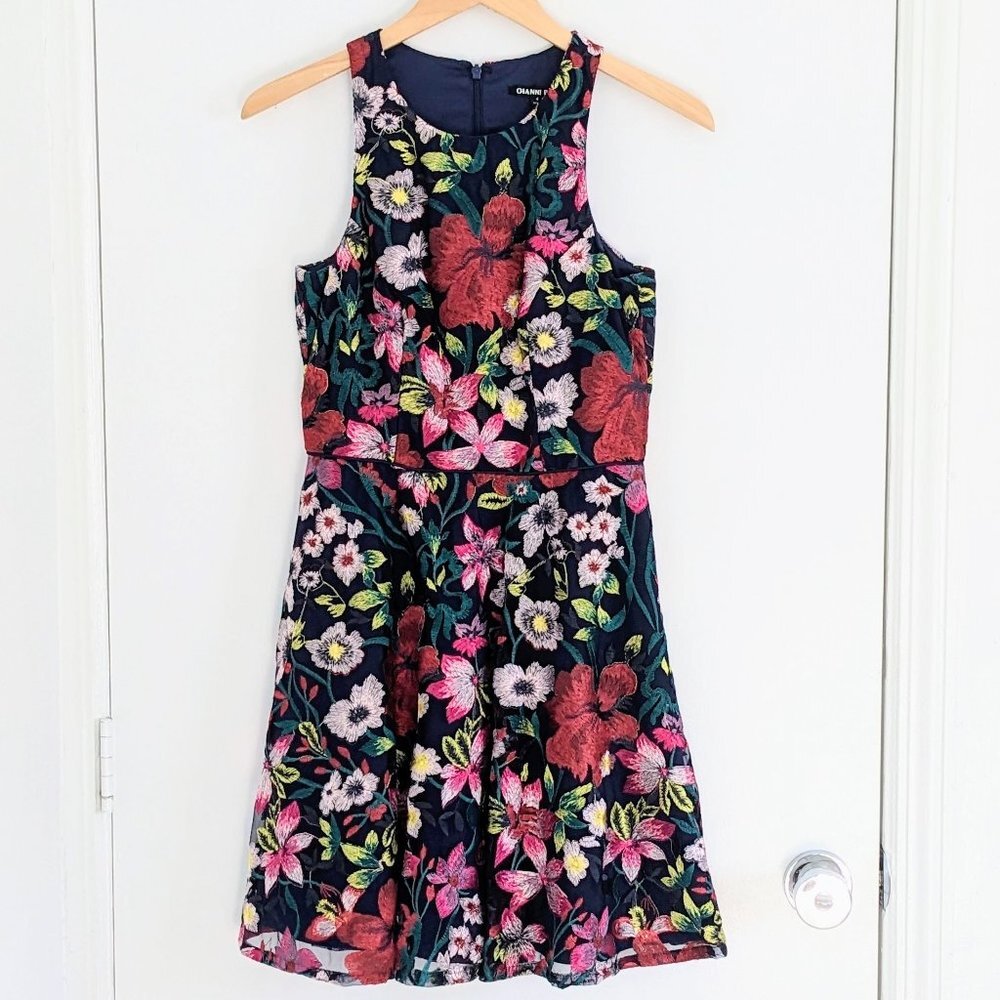 Gianni Bini Navy and Multicolor Floral Embroidered A-line Mini Dress, Sz 4